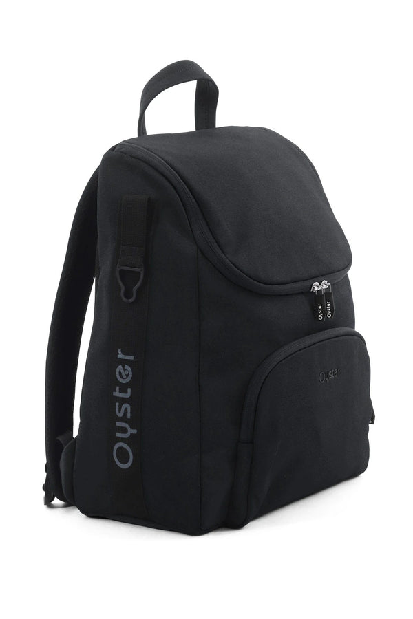 Black oyster backpack with sleek minimalist design and subtle gray branding in oyster 4 carbonite travel system