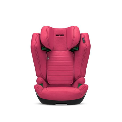 Recaro AXION 1 in Wow Pink, front view with padded side wings and green belt guides.