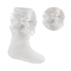 Perline Baby Girls White Knee High Bow Socks