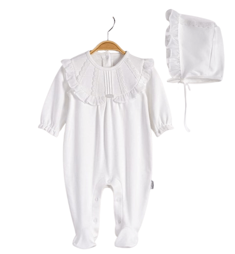 Pure White Baby grow with matching Bonnet Bello Joy