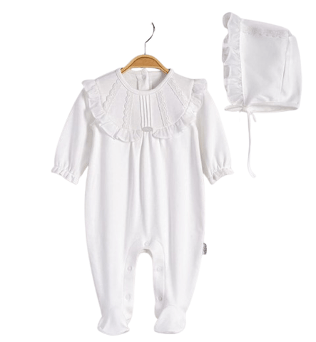 Pure White Baby grow with matching Bonnet