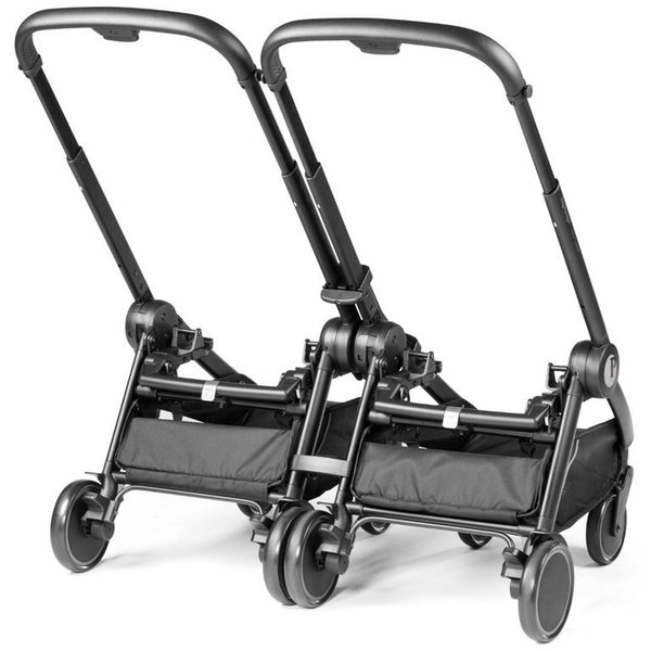 Black peg perego city loop twin double stroller with sleek metal frame and fabric storage compartments front view