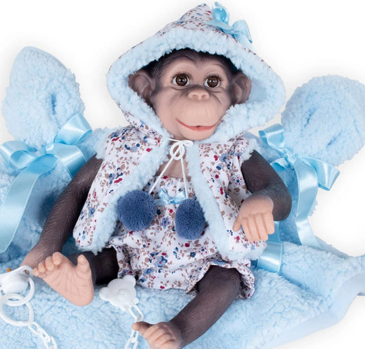 Reborn Boy Monkey with Blue Romper and Dummy  De Cuvas   