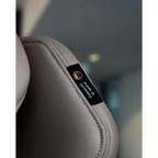 Close-up of Elegant Beige upholstery with double stitching and a Made in Germany fabric label.