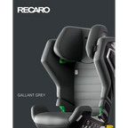 Recaro AXION 1 promotional graphic labelled Gallant Grey, showing patterned grey upholstery and green belt guides.