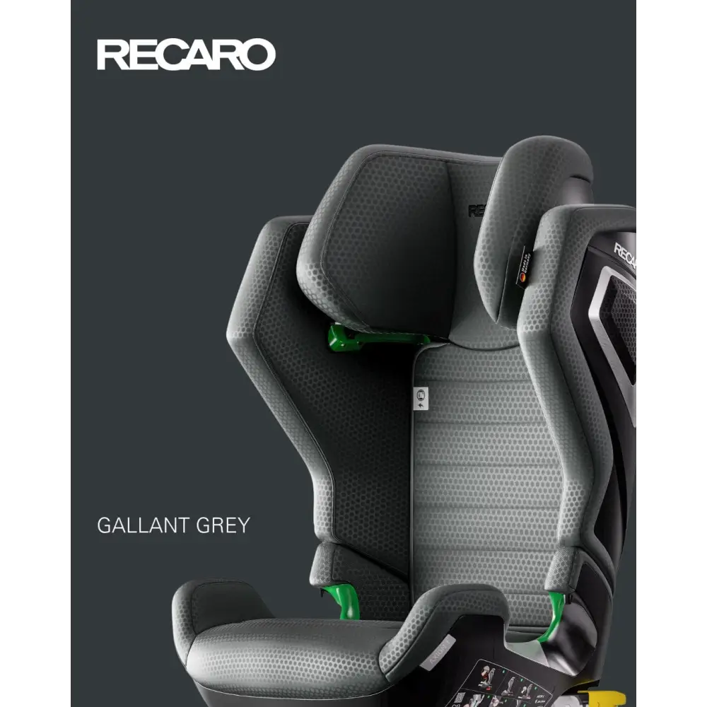 Recaro AXION 1 promotional graphic labelled Gallant Grey, showing patterned grey upholstery and green belt guides.