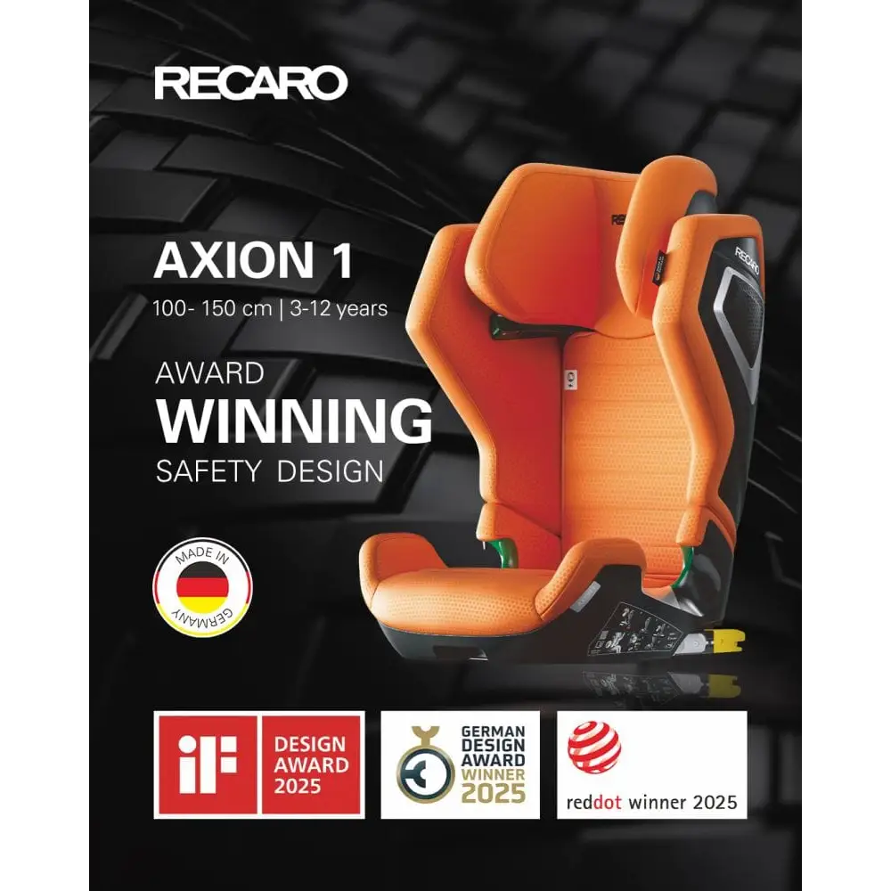 Vibrant Orange AXION 1 graphic showing 2025 iF, German Design and Red Dot awards; 100–150 cm, ages 3–12.