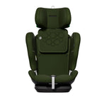 Recaro VELIX 1 in Epic Green, front view with raised headrest and hexagonal stitching on the backrest.