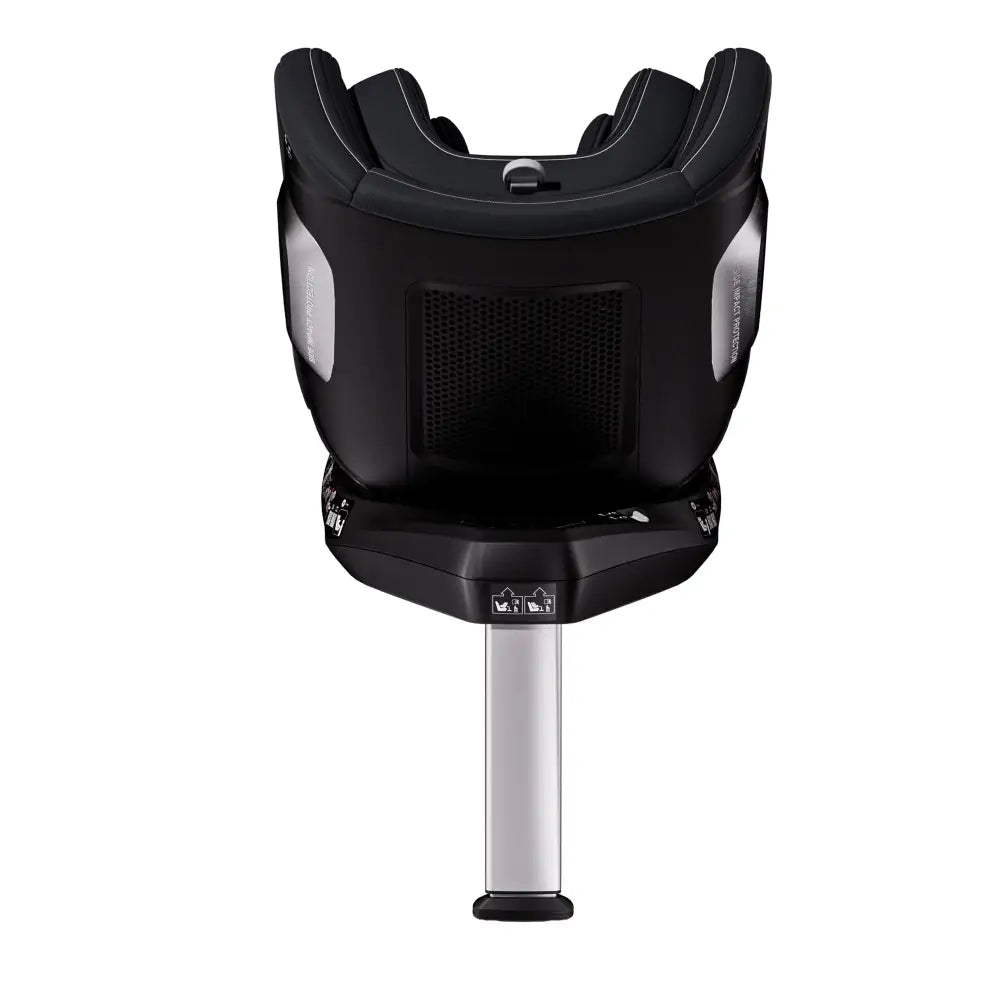 Fresh Black TORON seat, rear view showing the black shell, ventilation panel and extended silver support leg.