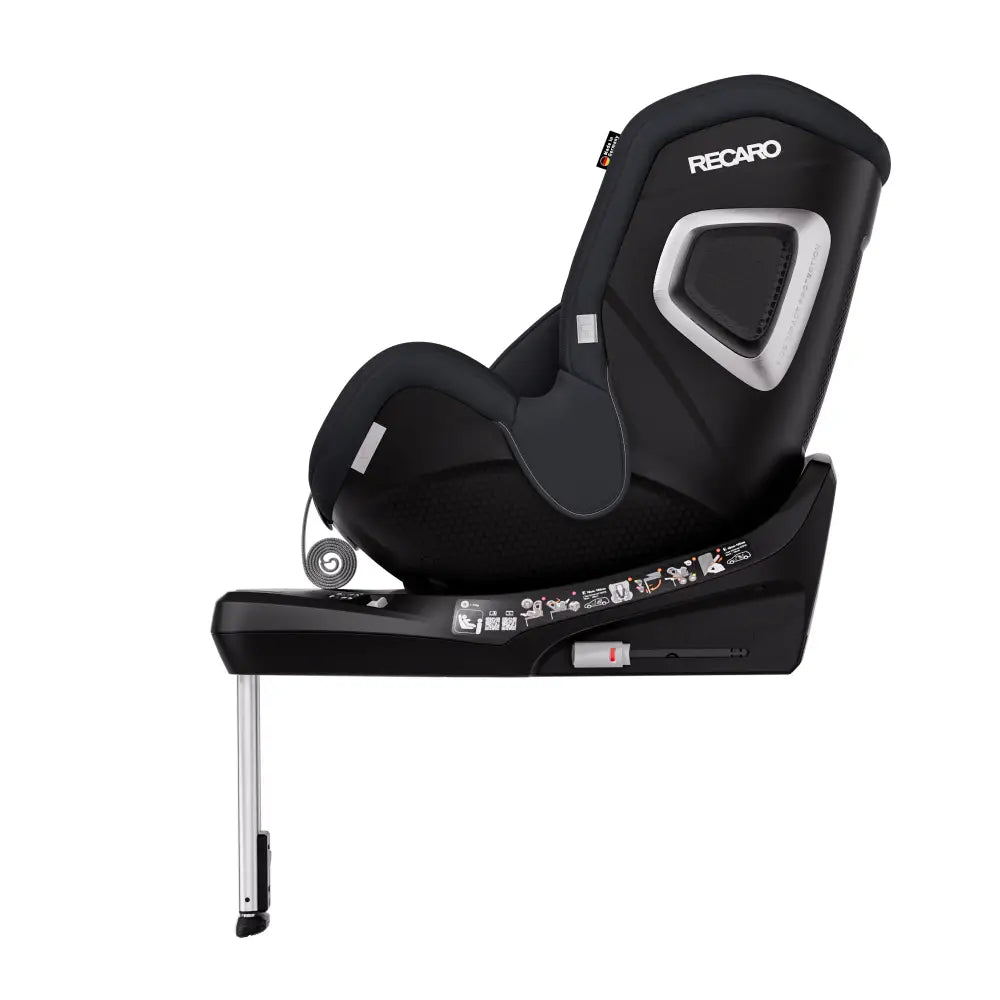 Fresh Black TORON seat, forward-facing side view showing silver-trimmed shell, black base and extended support leg.
