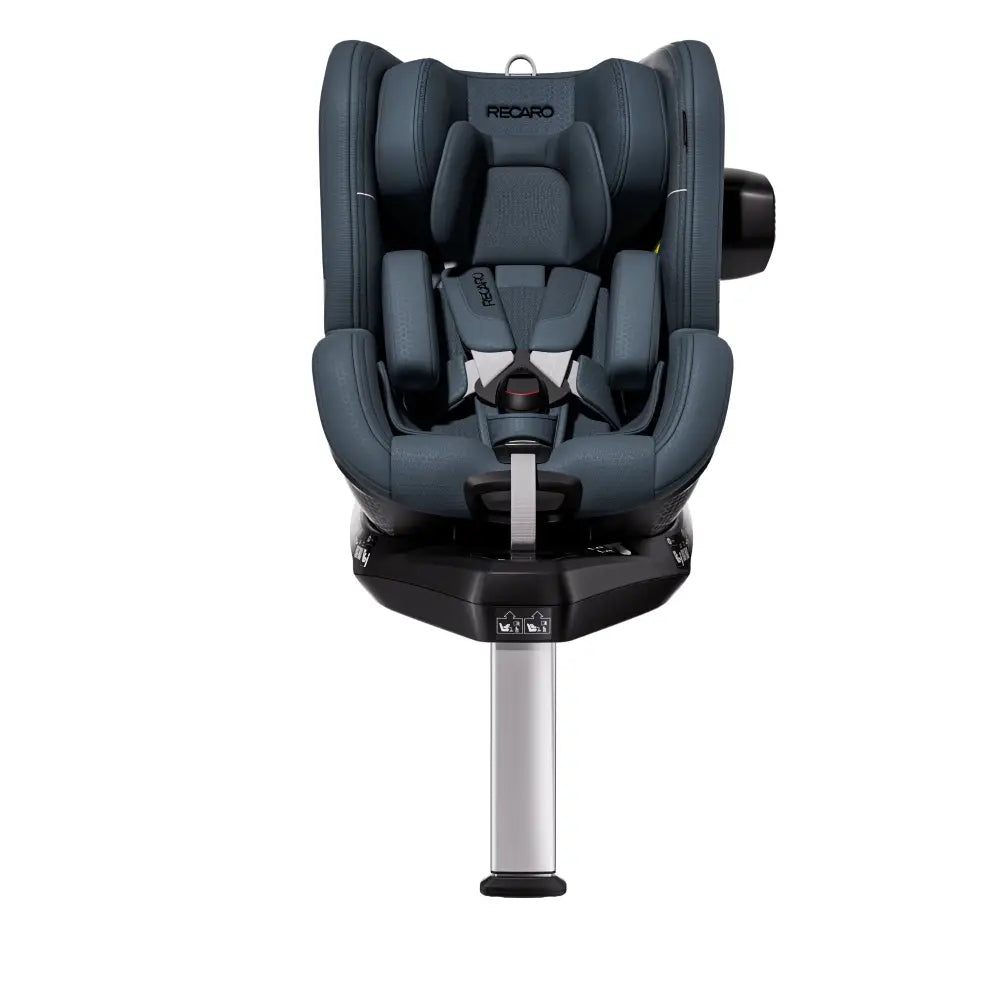 Gallant Grey TORON seat, front view with padded insert, harness, black side attachment and extended support leg.