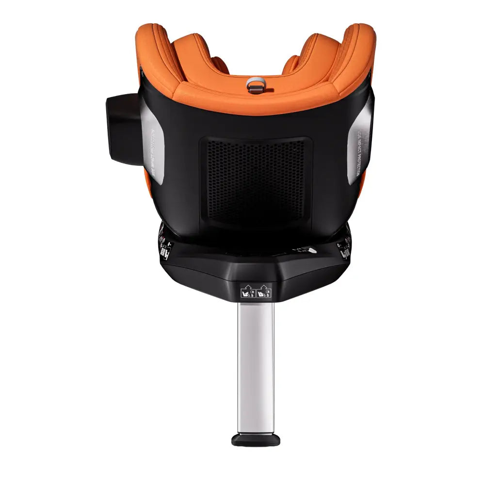 Vibrant Orange TORON seat, rear view showing ventilation panel, black side attachment and extended support leg.