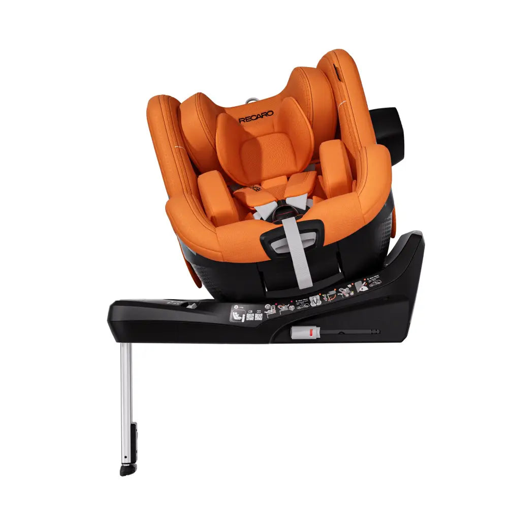 Vibrant Orange TORON 1, rotated on its black base with padded insert, harness, side attachment and support leg.
