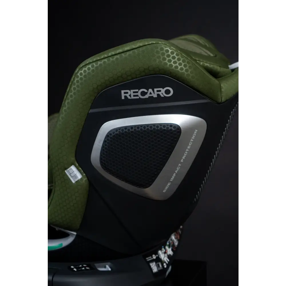 Close-up of the Epic Green XENON 1’s silver-trimmed side panel labelled Side Impact Protection.