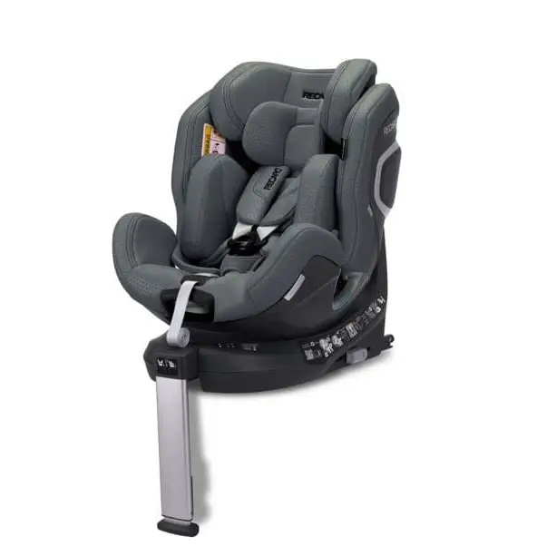 Recaro Gallant Grey XENON 1, angled front view with padded insert, harness, black base and extended silver support leg
