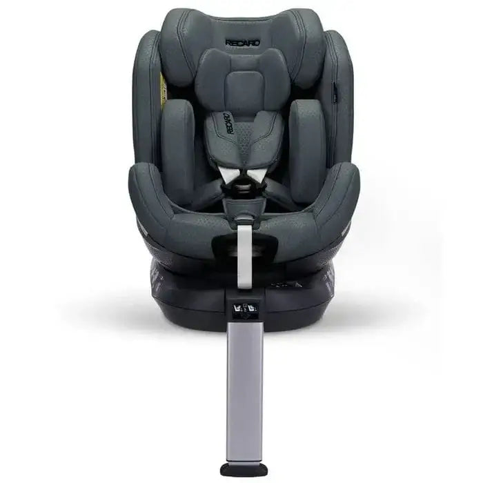 Recaro XENON 1 in Gallant Grey, front view with padded insert, harness and extended silver support leg.