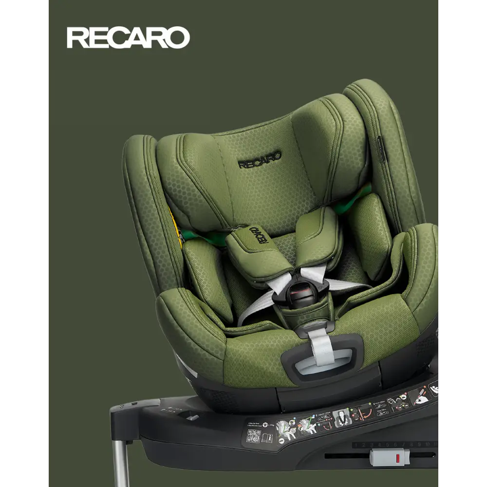 Recaro Epic Green XENON 1 KID, rotated on its base with padded harness beneath a white Recaro logo.