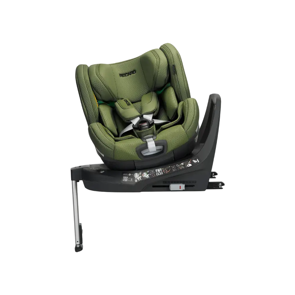 Recaro Epic Green XENON 1 KID, rotated on its black base with padded harness and extended silver support leg.