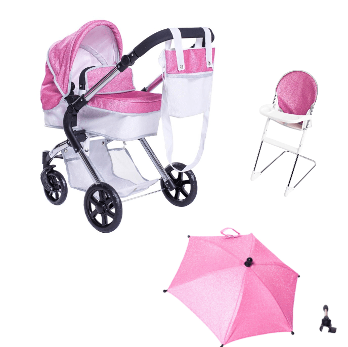 Roma Stephanie Pink Glitter Dolls Pram 3-9 Years - Free Dolls Highchair and Parasol Black Friday!  Roma   