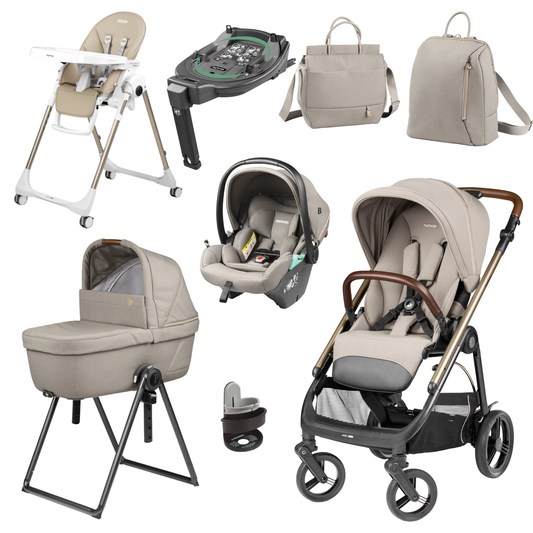 Beige and black peg perego veloce elite stroller with wooden handlebars in astral travel system bundle