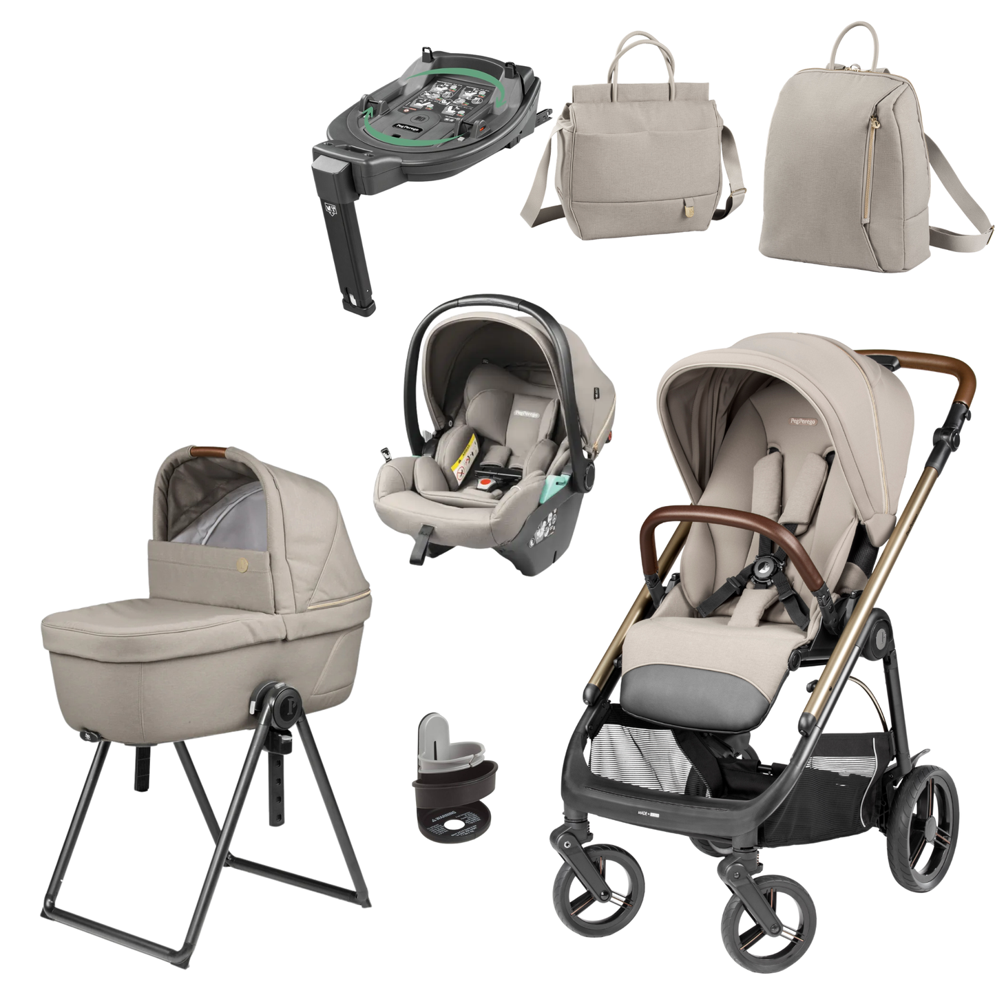 Beige and black peg perego veloce deluxe stroller with wooden handlebars and i-size travel system accessories bundle