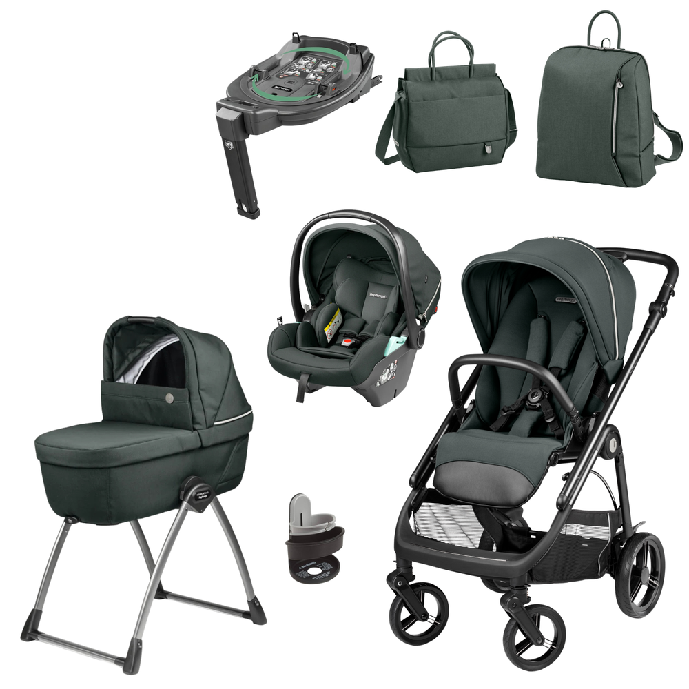 Dark green and black infant car seat with sleek modern design in peg perego veloce deluxe travel system i size 360 spin bundle
