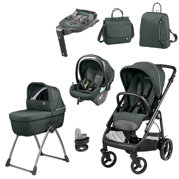 Dark green and black infant car seat with sleek modern design in peg perego veloce deluxe travel system i size 360 spin bundle