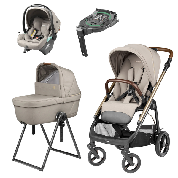 Beige and black Peg Perego Veloce Lite stroller with wooden handlebars for comfortable travel system use