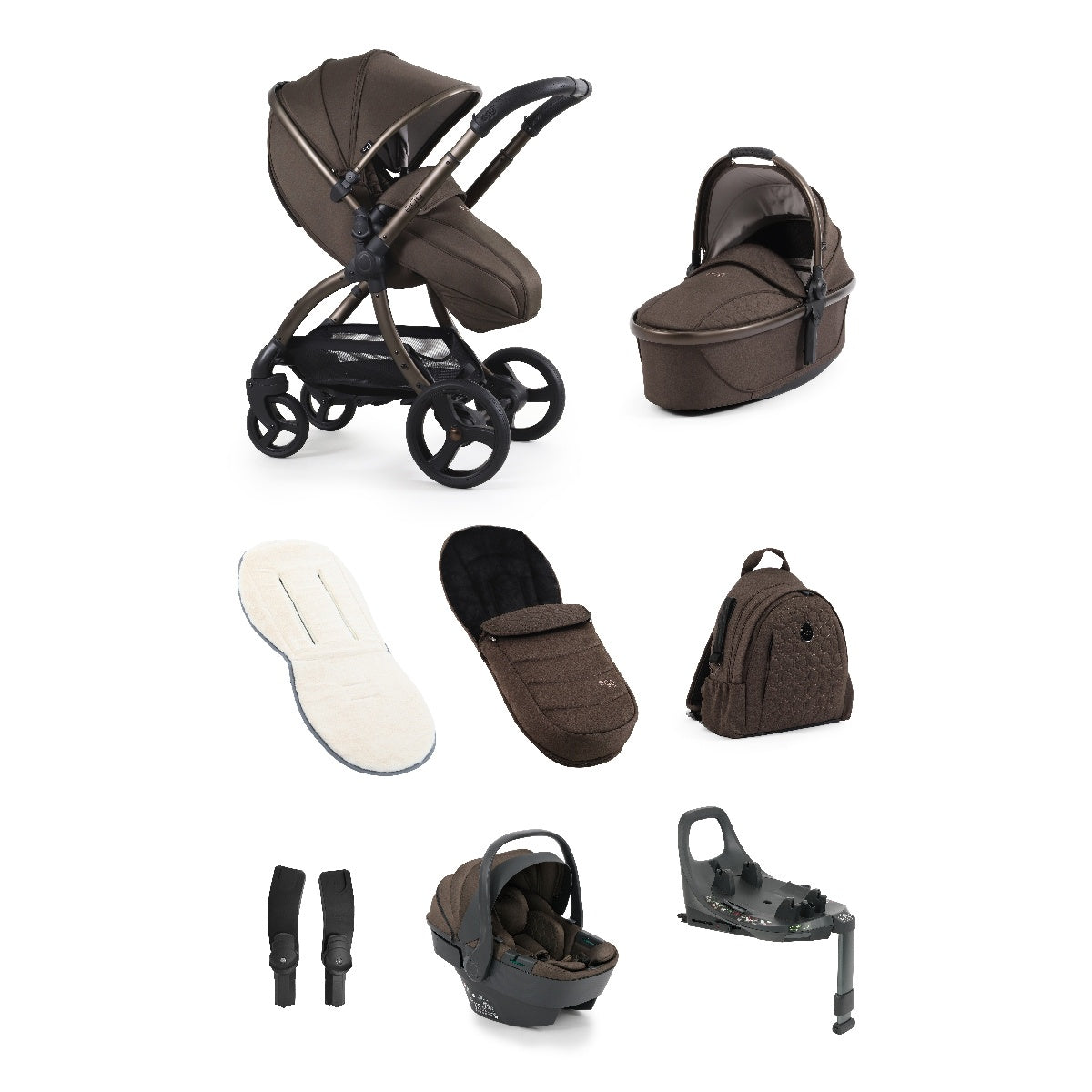 Egg3 chocolate velvet luxury stroller bundle in brown with matching carrycot footmuff and shell 360 i-size car seat