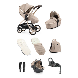 Beige and black egg3 feather luxury bundle convertible stroller with bassinet footmuff car seat and isofix base