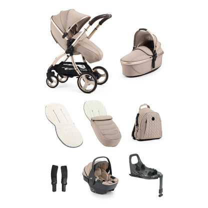 Beige and black egg3 feather luxury bundle convertible stroller with bassinet footmuff car seat and isofix base