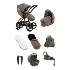 Brown and black egg3 mink luxury stroller bundle with bassinet footmuff backpack car seat base and accessories