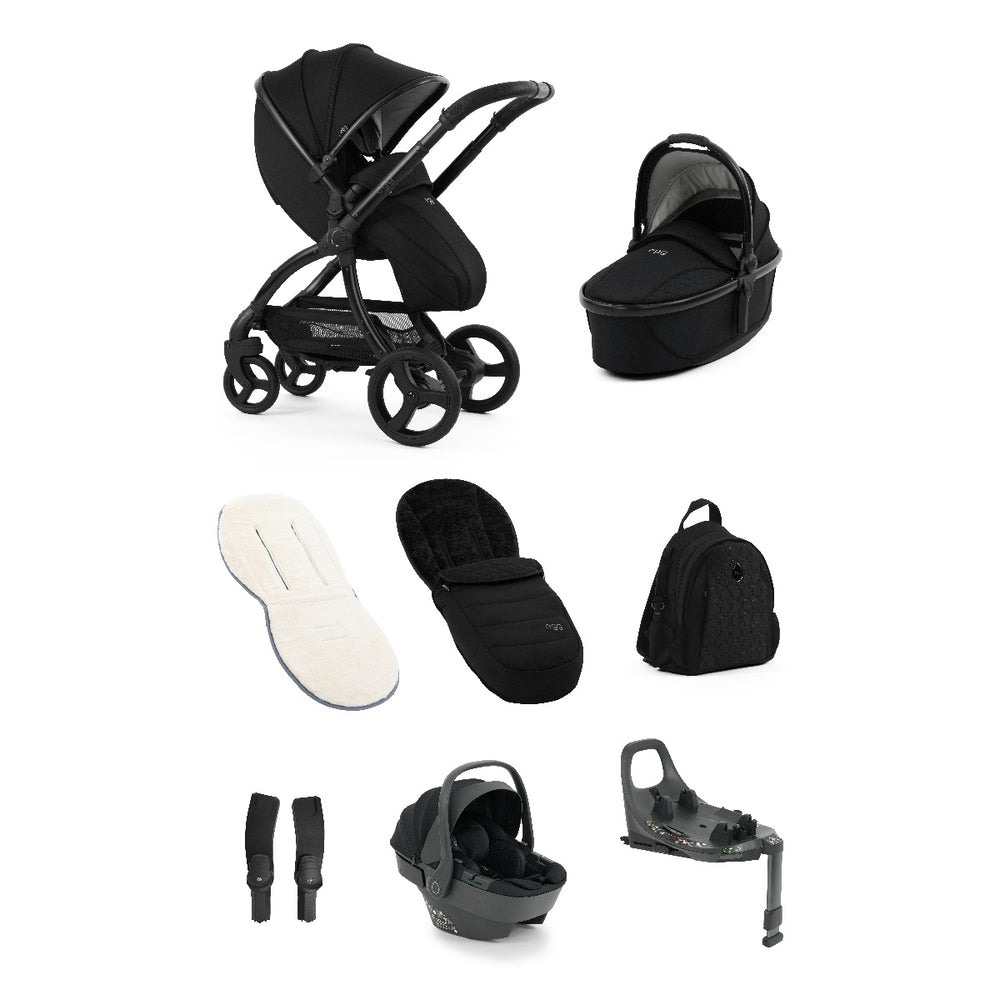Black stroller and matching carrycot with sleek modern design from Egg3 Panther Black Luxury Bundle with car seat and base