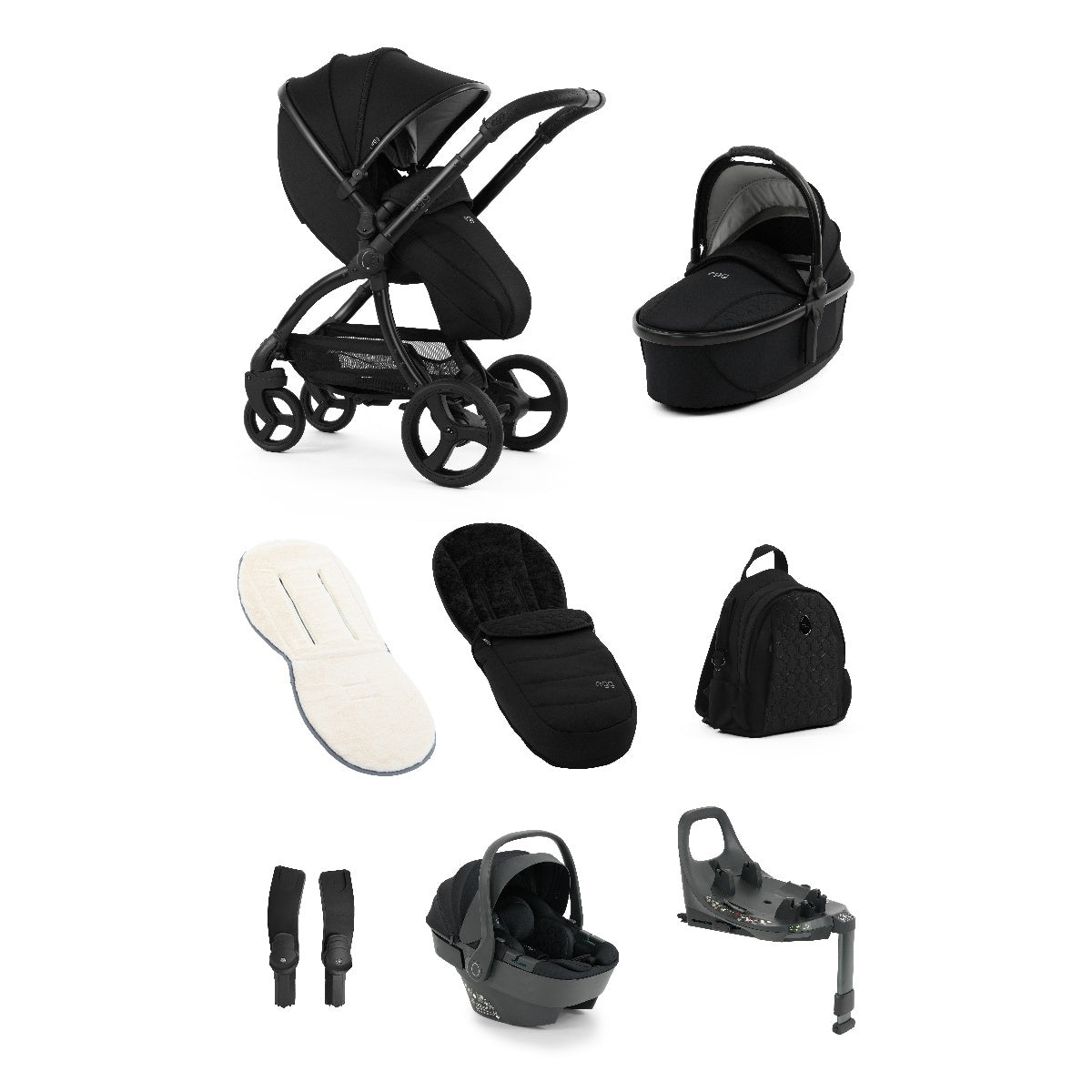 Black stroller and matching carrycot with sleek modern design from Egg3 Panther Black Luxury Bundle with car seat and base