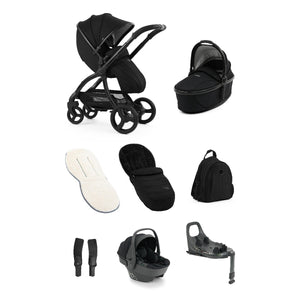 Black stroller and matching carrycot with sleek modern design from Egg3 Panther Black Luxury Bundle with car seat and base