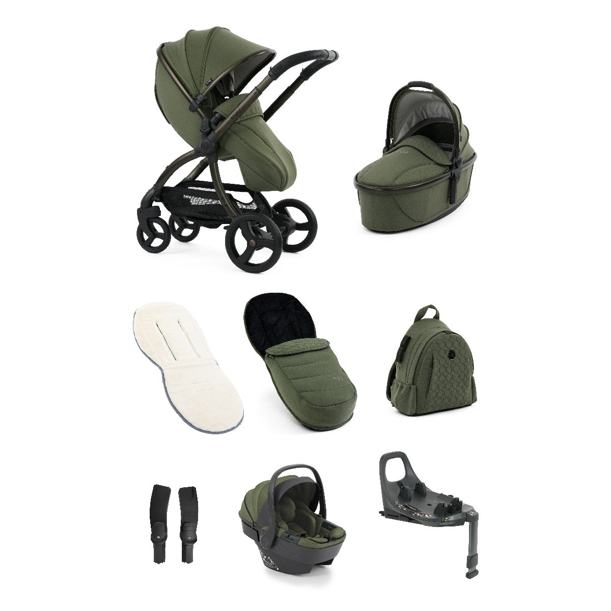 Olive green egg3 sage luxury stroller bundle with black frame wheels carrycot footmuff backpack and shell 360 i-size car seat base