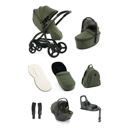 Olive green egg3 sage luxury stroller bundle with black frame wheels carrycot footmuff backpack and shell 360 i-size car seat base