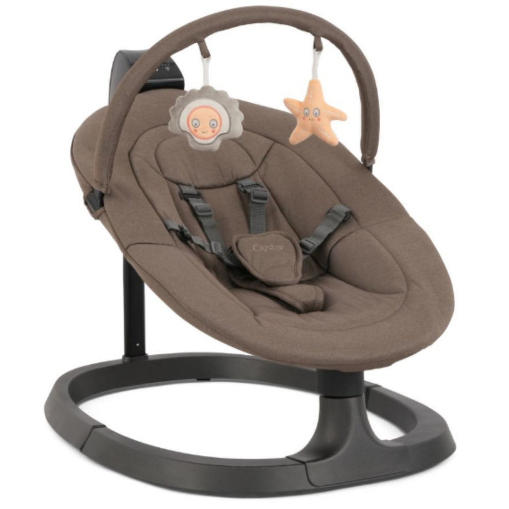Babystyle oyster ocean rocker mink brown fabric baby rocker with plush sun and star toys hanging from arch