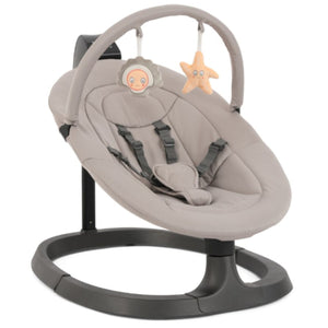 Gray fabric baby swing with black plastic base and hanging plush toys babystyle oyster ocean rocker stone