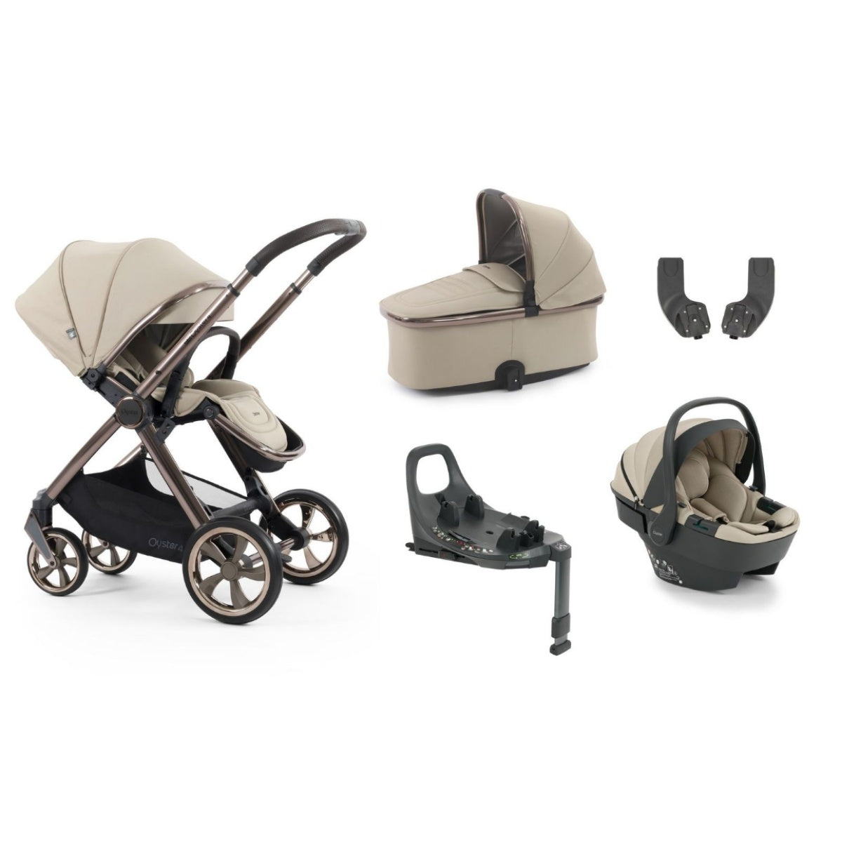 Oyster 4 buttermilk essentials travel system with beige and black oli violette stroller set and metallic frame