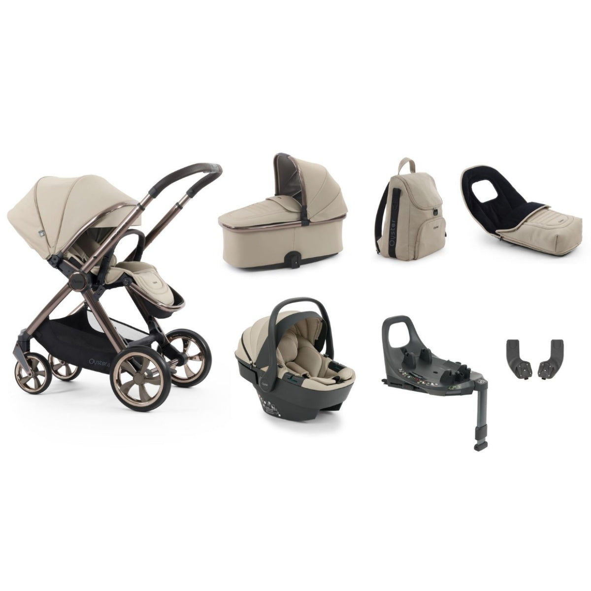 Beige and black oyster 4 buttermilk luxury travel system with carrycot car seat capsule 360 and rotating isofix base