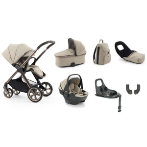 Beige and black oyster 4 buttermilk luxury travel system with carrycot car seat capsule 360 and rotating isofix base