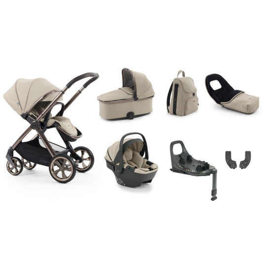 Beige and black oyster 4 buttermilk luxury travel system with carrycot car seat capsule 360 and rotating isofix base
