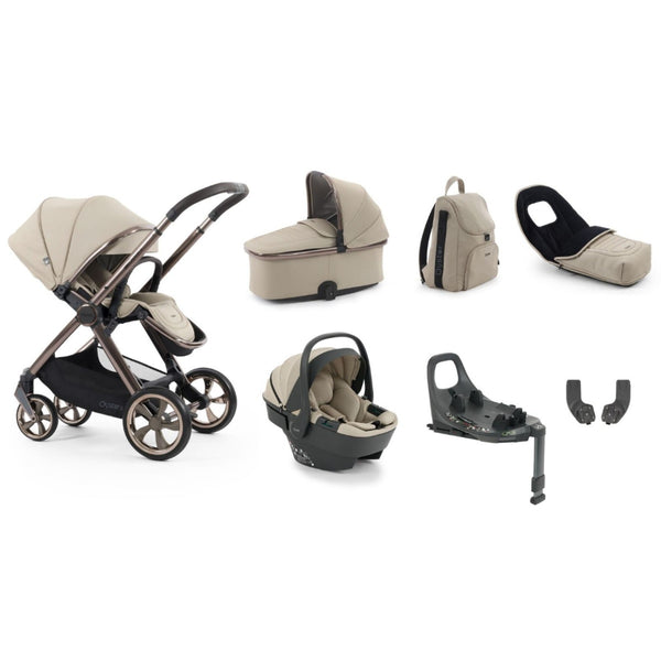 Beige and black oyster 4 buttermilk luxury travel system with carrycot car seat capsule 360 and rotating isofix base
