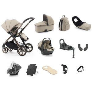 Beige and black oyster 4 buttermilk travel system with sleek stroller carrycot capsule 360 car seat and rotating isofix base