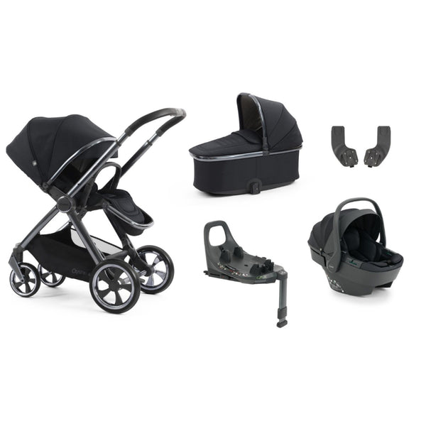 Black oyster 4 carbonite essentials travel system stroller with sleek metallic accents and four-wheel design