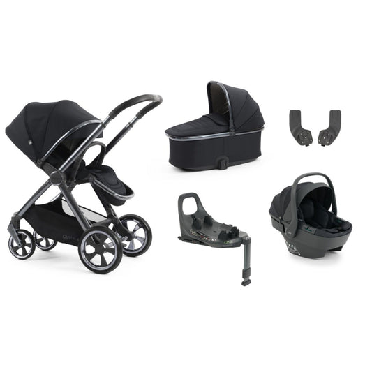 Black oyster 4 carbonite essentials travel system stroller with sleek metallic accents and four-wheel design