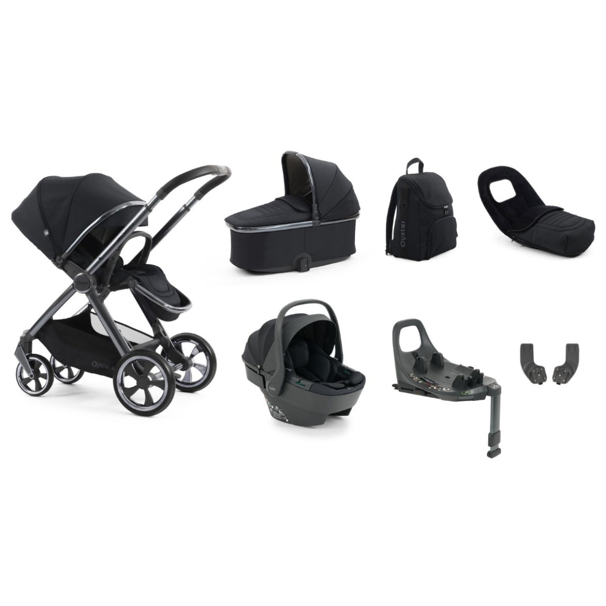 Black oyster 4 carbonite luxury travel system stroller with sleek metallic frame and matching accessories front view