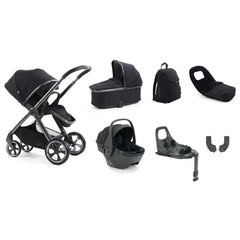 Black oyster 4 carbonite luxury travel system stroller with sleek metallic frame and matching accessories front view