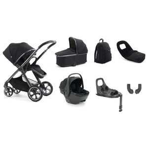 Black oyster 4 carbonite luxury travel system stroller with sleek metallic frame and matching accessories front view
